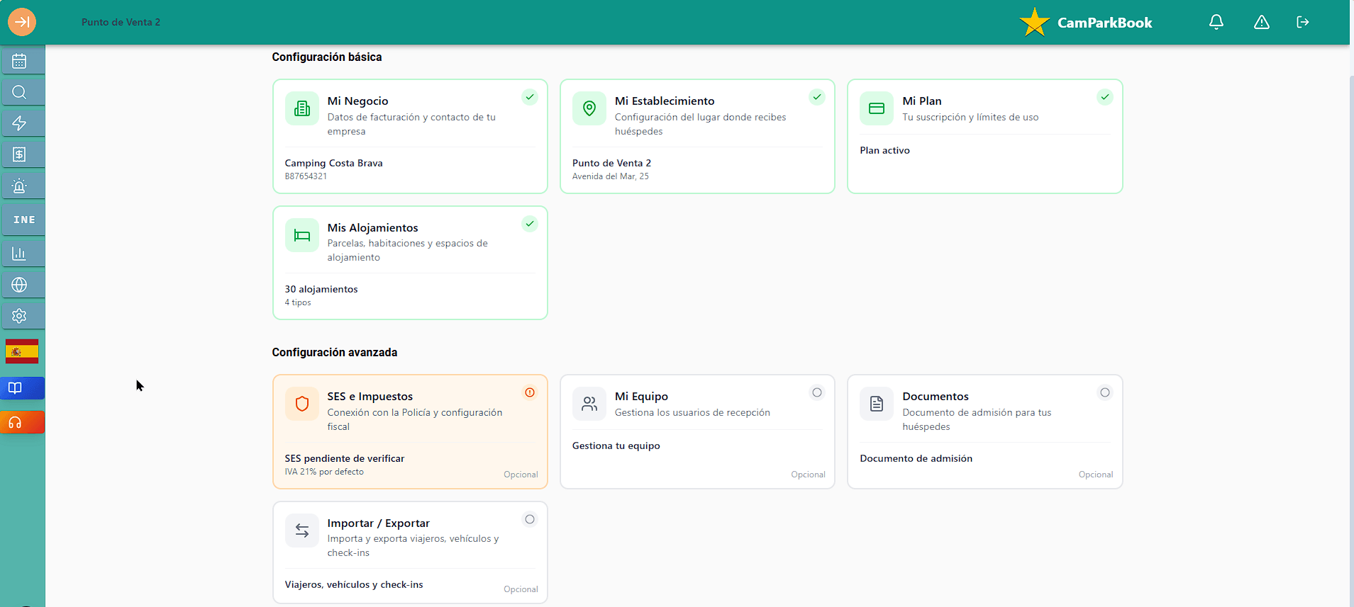 Panel de configuración CamparkBook